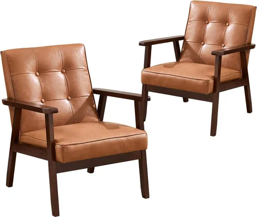 Vista 7 de Bonzy Home - Silla con acentos modernos de mediados de siglo, sillón tapizado de tela con marco de madera maciza, cómoda silla de ocio retro