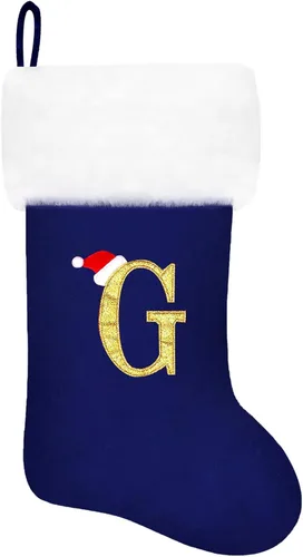 Vista 100 de Calcetines de Navidad bordados de 20 pulgadas con monograma, terciopelo negro con puño de felpa blanca supersuave, adornos clásicos para decoración