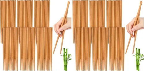 Vista 10 de Jucoan 100 pares de palillos de bambú reutilizables, 9.5 pulgadas naturales sin pintar, antideslizantes, palillos de madera ligeros a granel