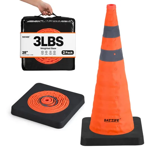 Vista 17 de BATTIFE [1 Paquete] Conos azules plegables de seguridad de tráfico de 28 pulgadas con base negra pesada, conos emergentes multiusos con collar