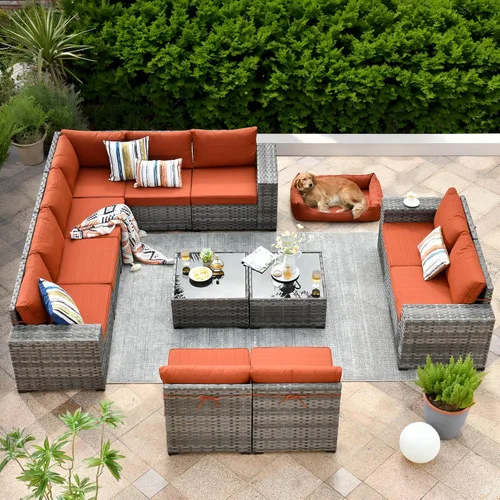 Vista 31 de ovios Juego de muebles de patio de 6 piezas, sofá seccional de mimbre para exteriores con mesa auxiliar, cómodos cojines, moderno sofá modular Beige