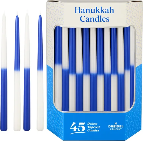 Vista 6 de The Dreidel Company Paquete de 10 velas cónicas de menorá de Hanukkah de lujo, 1 hora de tiempo de combustión, media y media azul marino y blanco