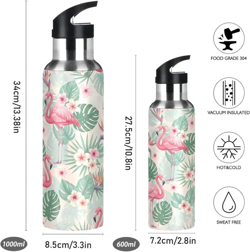 Vista 2 de BPA-Free Sports Water Bottle 20 Oz, Insulated Stainless Steel Water Bottle with Straw for Gym Outdoor Travel School, Tropical Leaves Pink Flamingos