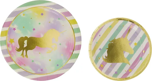 Vista 2 de Paquete de fiesta temática de unicornio dorado – Platos de papel desechables, vasos, servilletas, tenedores, cucharas, bolsas de regalo y sopladores