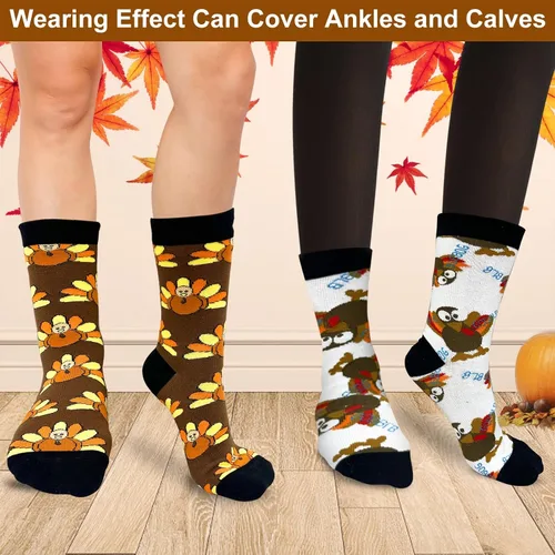 Vista 5 de Camlinbo 2 pares de calcetines de Acción de Gracias, calcetines de pavo, divertidos calcetines de Acción de Gracias para mujeres y hombres, disfraz