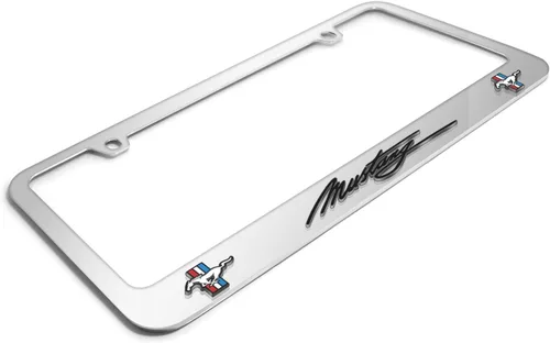 Vista 3 de iPick Image Hecho para Ford Mustang Script doble logotipo 3D letras en relieve en espejo marco de matrícula de metal cromado