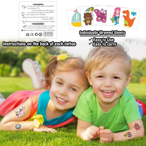 Vista 2 de Partywind Tatuajes temporales para niños, 204 hojas envueltas individualmente, calcomanías de tatuajes, suministros de fiesta de cumpleaños