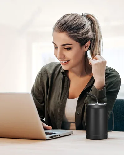 Vista 6 de zenbo - Vaso de acero inoxidable aislado al vacío con asa, tapa y popote, mantiene las bebidas frías hasta 36 horas, cuerpo a prueba de sudor, apto