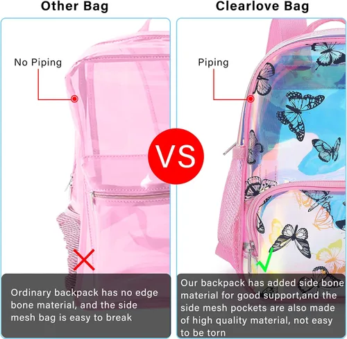 Vista 6 de Mochila con estampado de mariposas Mochila transparente resistente Estadio Bolsa de libro escolar transparente Bolsa de malla de PVC Bolsas