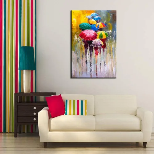 Vista 2 de KLVOS Lienzo grande para pared, 24 x 36 pulgadas, paraguas colorido, trabajador de oficina, caminando bajo la lluvia, lienzo pintura al óleo, obras