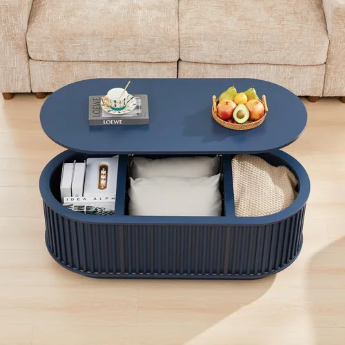Vista 7 de Mesa de Centro Ovalada con Tapa Elevable y Almacenamiento, 43.3" Mesa Central Moderna de Mediados de Siglo con Compartimento Oculto, Mesa de Comedor