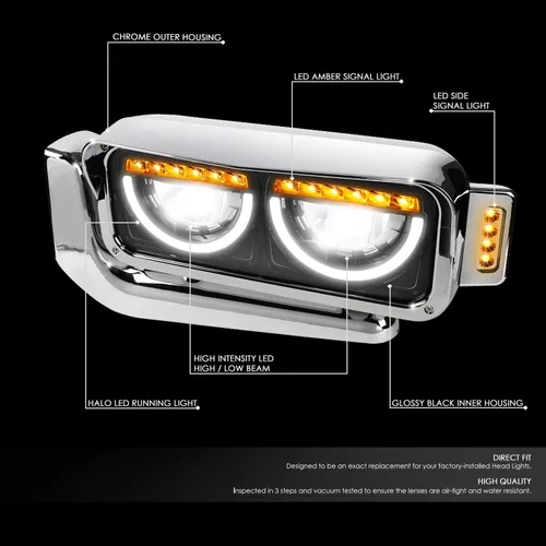 Vista 2 de DNA MOTORING HL-HAY-033-BK Par de faros delanteros LED con anillo de halo tipo U y reflector, ángulo amplio, compatible con Peterbilt 359