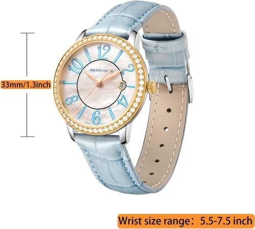 Vista 6 de GOLDEN MAPLE Delicados relojes para mujer, esfera de nácar y movimiento de cuarzo suizo con correa de cuero, serie Cloud