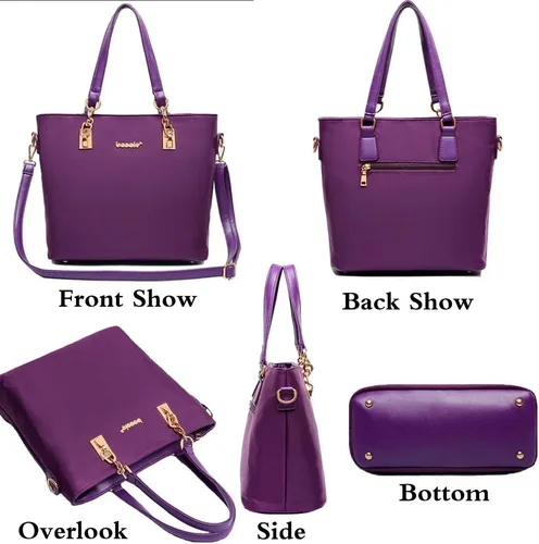 Vista 6 de Juego de 6 bolsas con asa superior de nailon para mujer, incluye bolsa grande, bolsa mediana, bolsa de hombro, cartera, bolsa de mano y llavero