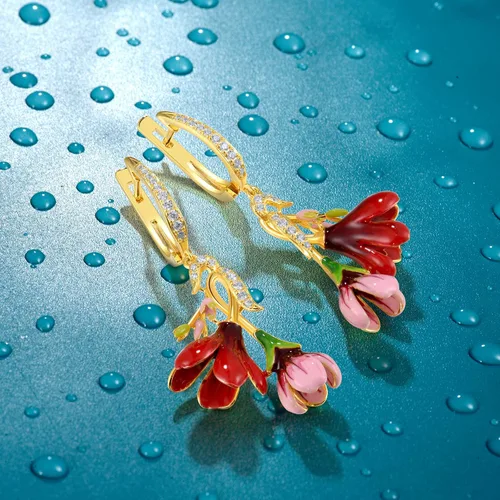 Vista 3 de Santuzza - Aretes con gema, esmaltados, de flor, de plata de ley 925