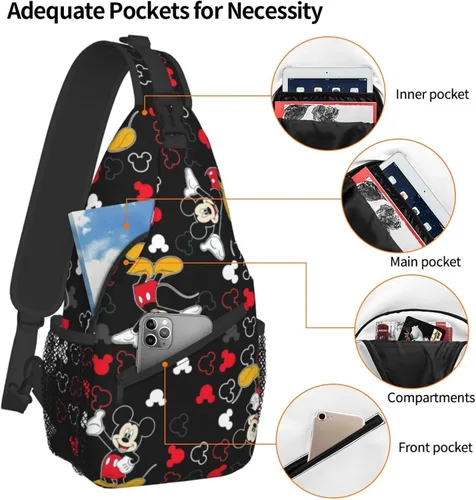 Vista 8 de Mochila cruzada con mouse, bolsa de hombro para mujeres y hombres, bolsa casual para viajes, senderismo, gimnasio, color negro, Negro, talla única