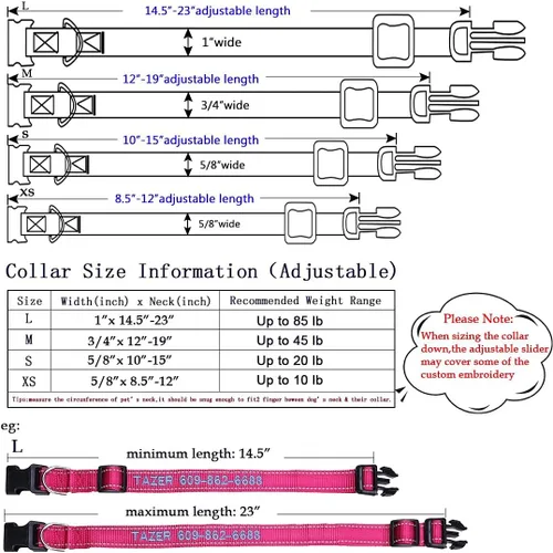 Vista 5 de Collar de perro personalizado, nombre de mascota bordado personalizado y número de teléfono, 4 tamaños ajustables, XS, pequeño, mediano, grande