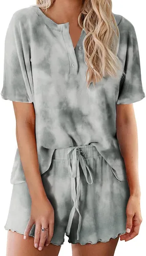 Vista 33 de Ekouaer Conjunto de pijamas teñidos con técnica tie dye para mujer, ropa de dormir, 2 piezas, conjuntos de pijamas, ropa de relajación A-tie Dye