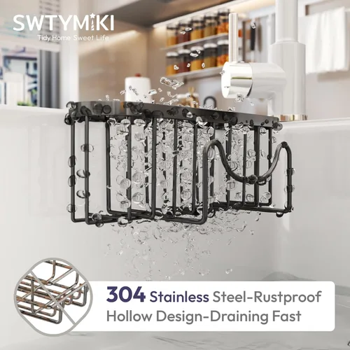 Vista 4 de SWTYMIKI Soporte de esponja para fregadero de cocina, organizador móvil para fregadero de cocina con gancho en forma de M, esponjas colgantes