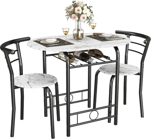Vista 14 de JUMMICO Juego de mesa redonda y silla de madera de 3 piezas, ahorro de espacio, rincón de desayuno, mesa de grano de madera con marco de metal