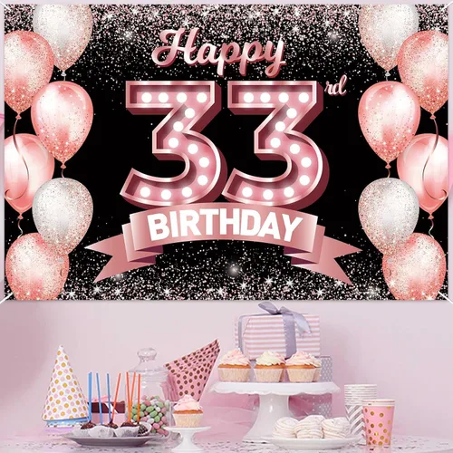 Vista 288 de Cartel de feliz cumpleaños décimo oro rosa, telón de fondo, saludos a 10 años, globos de confeti, decoración temática para niñas de 10 años
