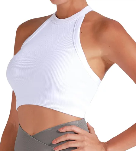 Vista 5 de Sunzel Camiseta sin mangas acanalada para mujer, cuello alto, sin costuras, linda, básica, sin mangas, para entrenamiento, atlética, yoga