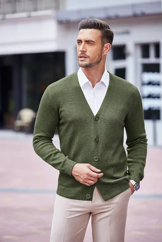 Vista 2 de COOFANDY Suéter de punto con cuello en V para hombre, casual, ligero, con botones