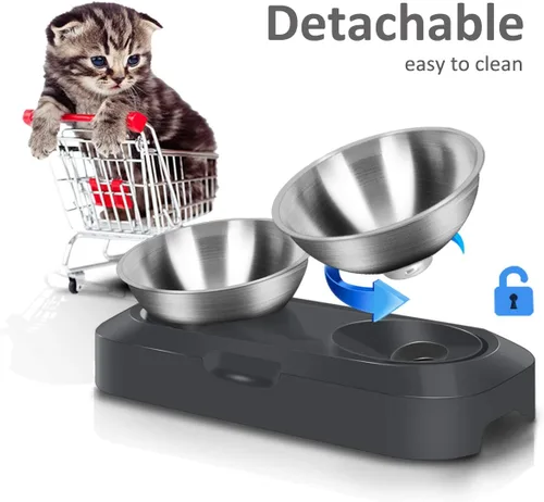 Vista 6 de Tazón de comida para gatos de acero inoxidable AYADA, diseño ergonómico de 15 ángulos, reduce el vómito