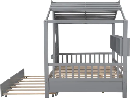 Vista 6 de SOFTSEA Cama de plataforma de tamaño matrimonial con nido y estantes de almacenamiento, marco de cama de madera con listones de soporte, cama