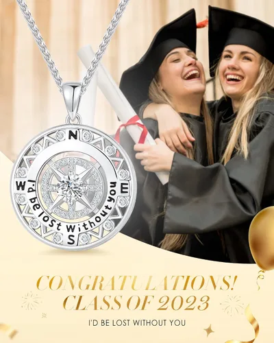Vista 3 de ETEVON Regalos de graduación para ella 2023, collar de brújula chapado en oro de 14 quilates para mujeres y niñas, collar con colgante de graduación