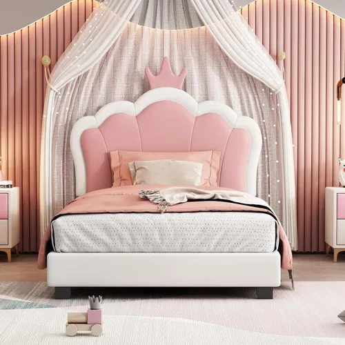Vista 3 de Cama de plataforma tapizada de tamaño individual, marco de cama de plataforma de madera con cabecera en forma de corona, elementos de dibujos