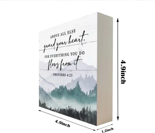 Vista 2 de Letrero de madera cristiana – Versículo de la Biblia Proverbios 4:23 – Guarda tu corazón, decoración cristiana de mesa para el hogar, decoración