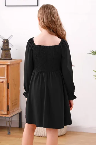 Vista 2 de GORLYA Vestido midi acampanado de manga abombada cuello cuadrado bohemio con volantes fruncido fruncido y acampanado 4-14 años