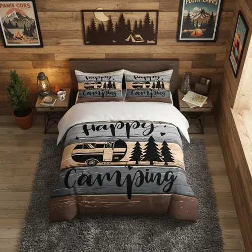 Vista 14 de Castle Fairy Juego de ropa de cama Happy Camping para niños, funda de edredón estilo granja occidental con cierre de cremallera, juego de ropa