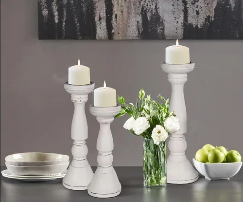 Vista 11 de Juego de 3 candelabros de pilar de madera de granja - Portavelas altos rústicos hechos a mano para decoración del hogar, centros de mesa, bodas