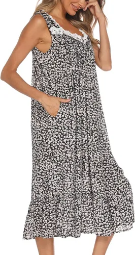 Vista 3 de AVIIER Camisones de algodón para mujer, sin mangas, vestido de casa largo con bolsillos, S-XXL