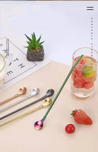 Vista 5 de 7 popotes de metal para beber con 2 cepillos de limpieza de 8.5 pulgadas, cuchara de barra reutilizable para café helado, bebida congelada, batidos