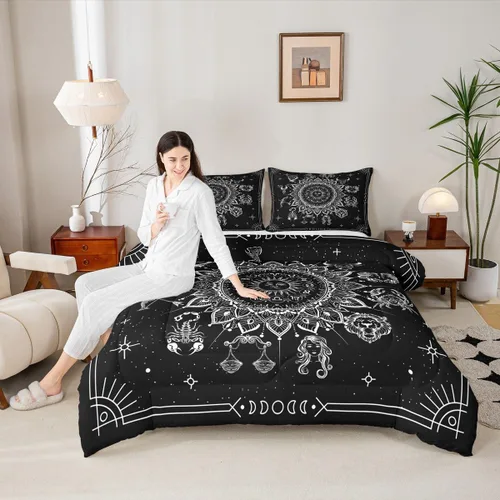 Vista 22 de Juego de edredón de champiñones para niños, tamaño individual, juego de ropa de cama romántica con sol, luna, cielo estrellado y galaxia, decoración