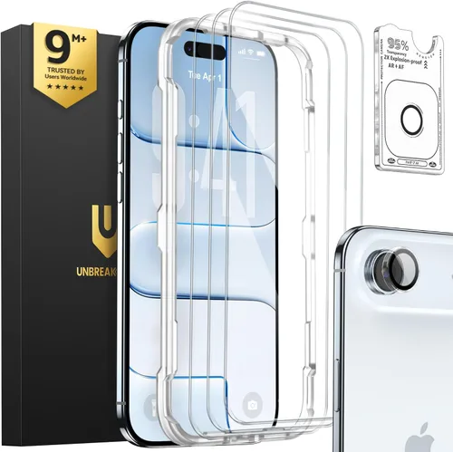 Vista 10 de UNBREAKcable Paquete de 3 protectores de pantalla para iPhone 15, 3 de vidrio templado + 3 protectores para lente de cámara, dureza 9H, claridad HD