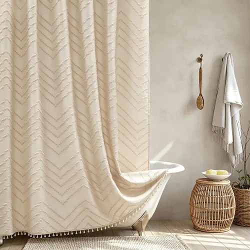 Vista 34 de Cortina de ducha Siiluminisoy de 36x72 beige, cortina de ducha de tela de tamaño pequeño, cortinas de ducha de tela con tufting, diseño chevron a