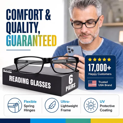 Vista 7 de Boost Eyewear Reading Glasses, Traditional Black Frames, with Spring Loaded Hinges