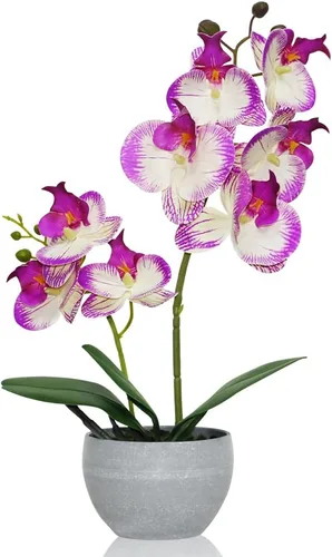 Vista 8 de Orquídea Artificial Flor Naranja en Maceta Blanca, Orquídea Phalaenopsis Sintética de Tacto Real para Decoración de Boda, Hogar, Oficina, Fiesta
