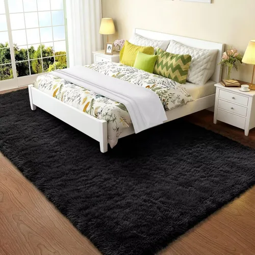 Vista 8 de Vafodo Alfombras de área para dormitorio esponjoso, alfombra de sala de estar, 5 x 7 pies, suave y esponjosa, alfombra de noche negra para sala