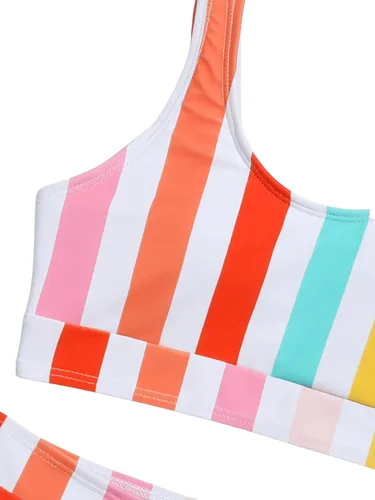 Vista 3 de SheIn Conjunto de tankini de cintura alta a rayas para niña con cuello redondo, traje de baño de dos piezas