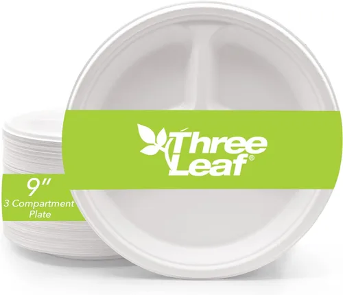 Vista 13 de three leaf platos redondos de bagazo de 10 pulgadas con 3 compartimentos, 25 unidades. Platos de bagazo desechables, 100 % biodegradables