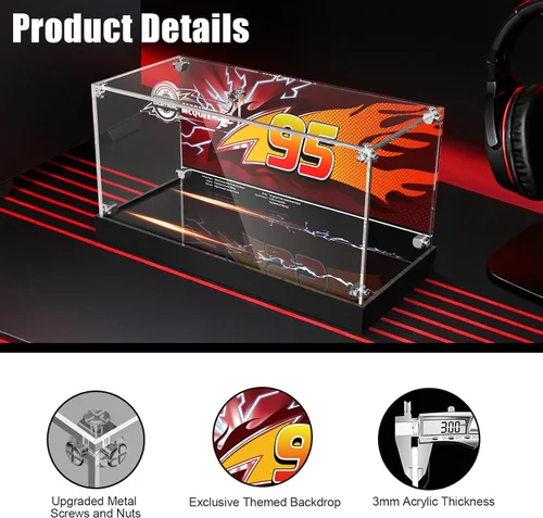 Vista 8 de Vitrina acrílica con luces LED, compatible con Lego 77255 Speed Champions Lightning McQueen Toy (solo funda, modelo no incluido)
