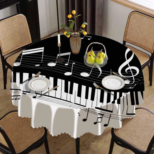 Vista 2 de IBILIU Mantel redondo de música, teclas de piano, notas musicales, color blanco y negro, resistente al agua, de poliéster, mantel decorativo