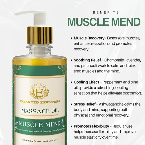 Vista 4 de Muscle Mend Aceite de masaje de recuperación muscular con árnica, ashwagandha y aceites esenciales, calmante, no grasoso, de absorción rápida, uso