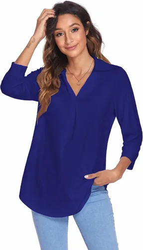 Vista 3 de Newchoice Womens Collared V Neck 34 Sleeve Shirts Business Casual Tops Loose Work Blouses (M-3XL)
