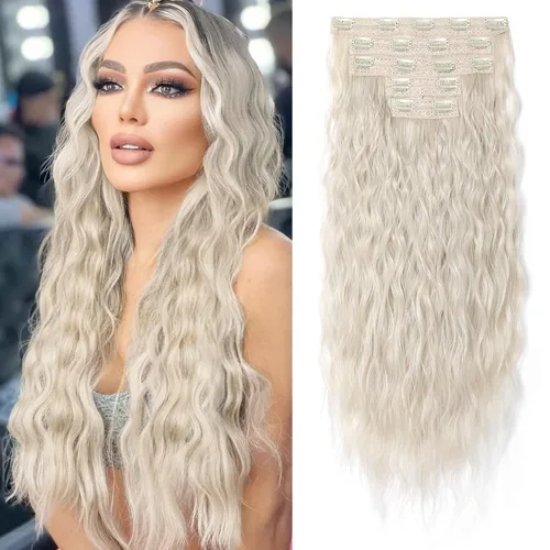 Vista 10 de REECHO Extensiones de cabello con clip, 5 piezas, de 24 pulgadas, de color rubio ceniza, extensiones de cabello con ondas largas y sueltas, HE002